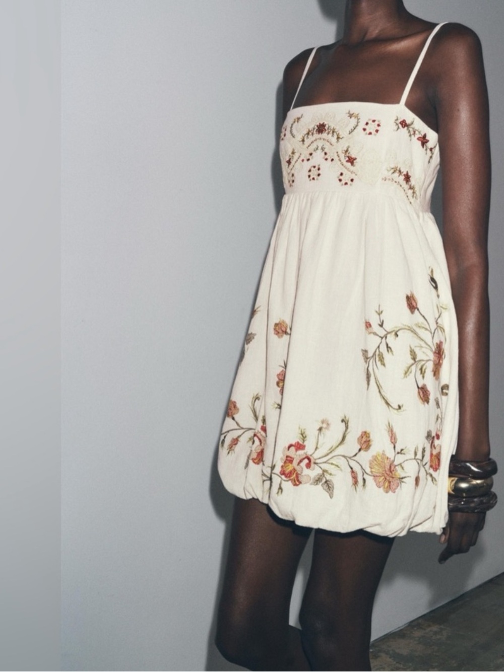 Zara ZW Collection Floral Embroidered Linen Cotton Balloon Mini Dress M NWT